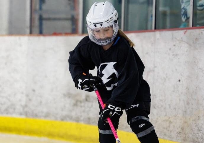 TAMPA, FL - JANUARY 29: Kids ages 5-10 participate in the Tampa Bay Lightning rookie league hockey program at Xtra Ice Power Pole on Sunday, January 29, 2023 in Tampa, Florida. Rookie League is a next steps program for young players who are preparing to participate in a local hockey league and is coached by Lightning Alumni and Staff. The Tampa Bay Lightning are committed to providing girls within Florida and the Tampa Bay Area a safe, competitive environment to grow their individual hockey skills while promoting the enjoyment, appreciation and understanding of hockey. 
(Photo by Casey Brooke Lawson/Tampa Bay Lightning)
